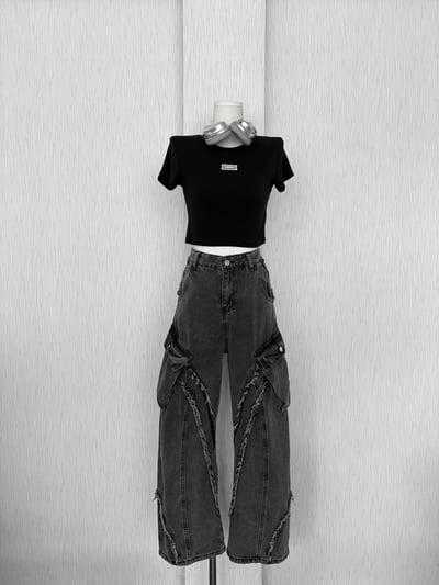 ［男款］街頭風斜毛邊工裝口袋高腰牛仔寬褲5