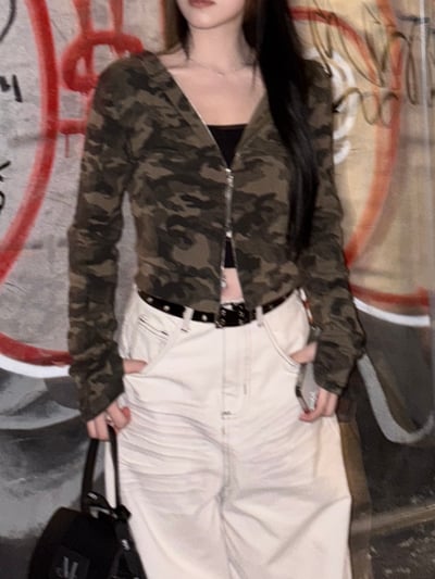 迷彩雙拉鍊短版連帽薄外套3