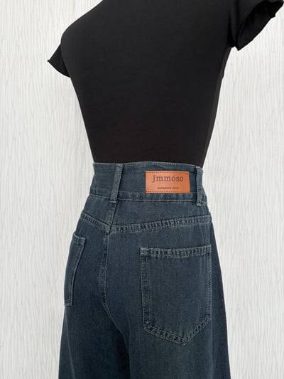 雙釦方口袋深藍色高腰直筒牛仔寬褲2