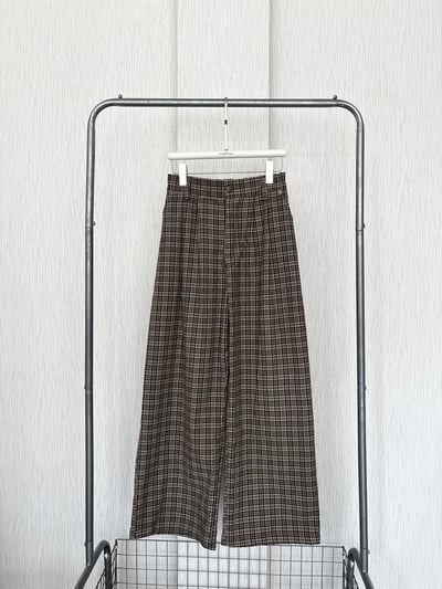夏季輕薄木釦咖色格紋寬褲2