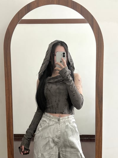 廢土風刷破堆堆連帽短版背心(附袖套)2