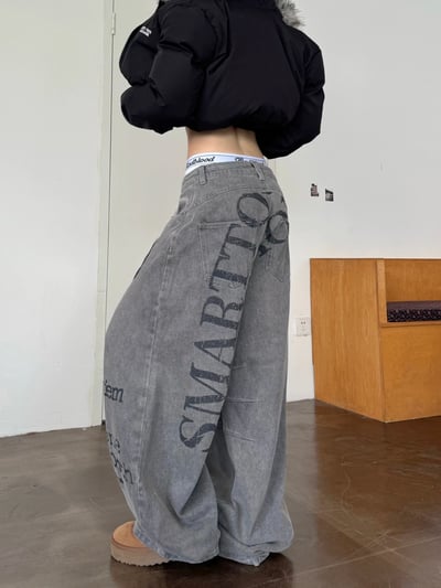字母做舊煙灰牛仔彎刀褲2