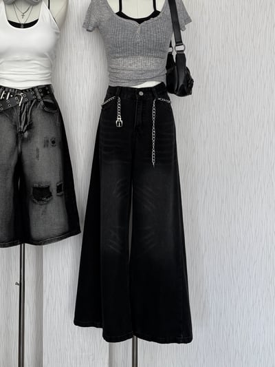 闆娘最愛款♡抓痕感A字黑色牛仔寬褲3