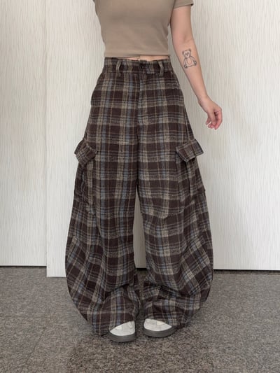 秋冬款-三色格紋軟薄針織口袋工裝棉褲1