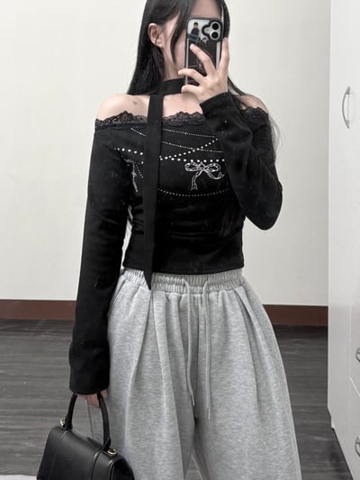 秋冬款 吊飾印花蕾絲一字領雙面磨毛上衣6