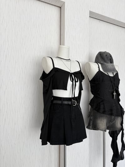 細肩荷葉領綁結長袖棉質短罩衫2