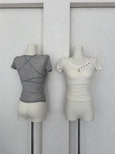 銀釦簍空直紋感透膚短袖軟薄貼身上衣2