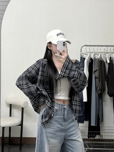 正韓🇰🇷基本款超耐看格紋寬鬆薄棉麻襯衫1