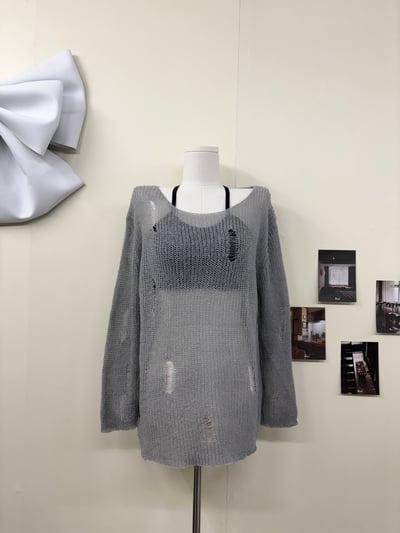 簍空破洞腰身軟綿毛衣(灰)1