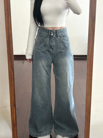 雙釦方口袋淺藍色高腰直筒牛仔寬褲4