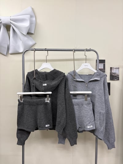 【換季特賣】歐美休閒布標連帽針織拉鍊外套短褲set1