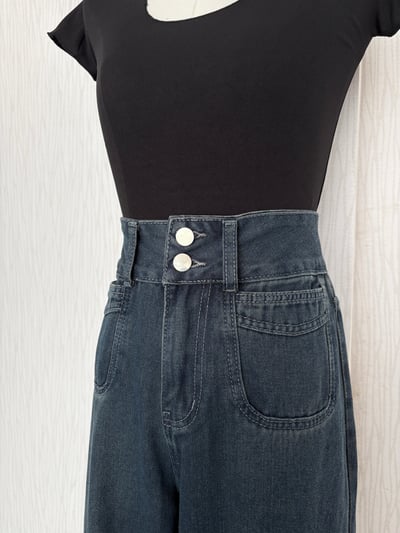 雙釦方口袋深藍色高腰直筒牛仔寬褲3