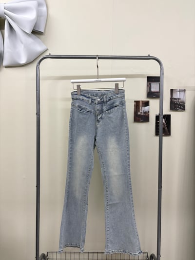 一字口袋淺藍牛仔喇叭褲1