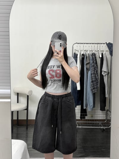 正韓🇰🇷休閒風鬆緊抽繩加寬牛仔五分褲3
