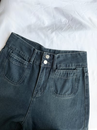 雙釦方口袋深藍色高腰直筒牛仔寬褲4