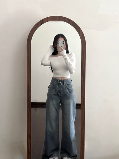 雙釦方口袋淺藍色高腰直筒牛仔寬褲2