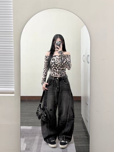 一字領豹紋雪紡上衣3