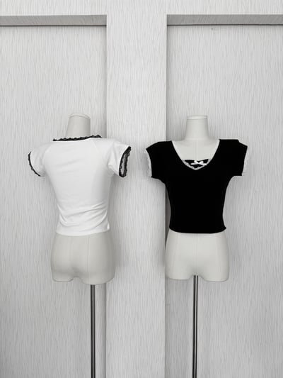 假兩件黑白蕾絲邊短袖腰身棉質上衣3