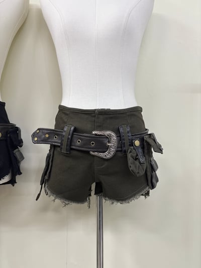 美式y2k低腰工裝皮帶薄牛仔短褲8