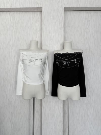 秋冬款 吊飾印花蕾絲一字領雙面磨毛上衣2