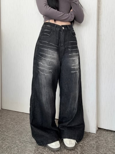 劃白碳黑牛仔直筒大寬褲1