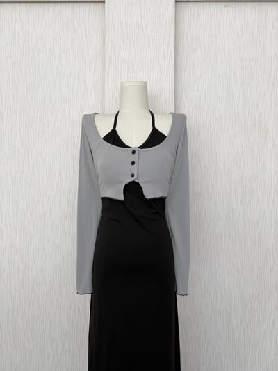 三扣黑邊超短版冰山灰彈性涼感上衣3