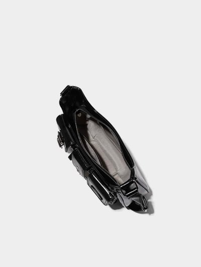 個性多口袋黑色亮皮機車包5