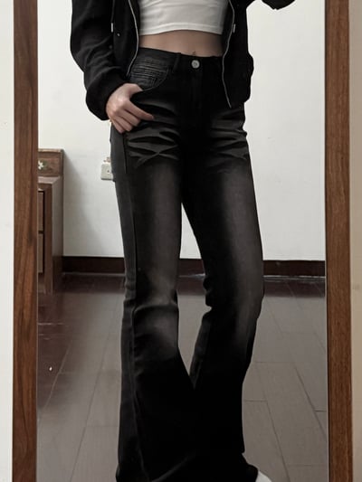 【限量現貨】Y2K刷白假摺感中低腰牛仔喇叭褲3