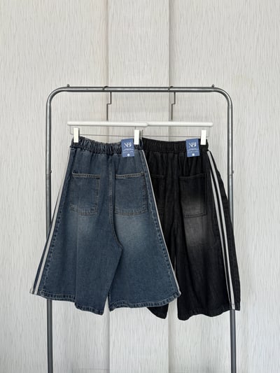正韓🇰🇷休閒風雙線邊鬆緊抽繩牛仔七分褲2