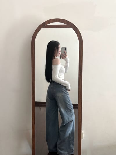 雙釦方口袋淺藍色高腰直筒牛仔寬褲3