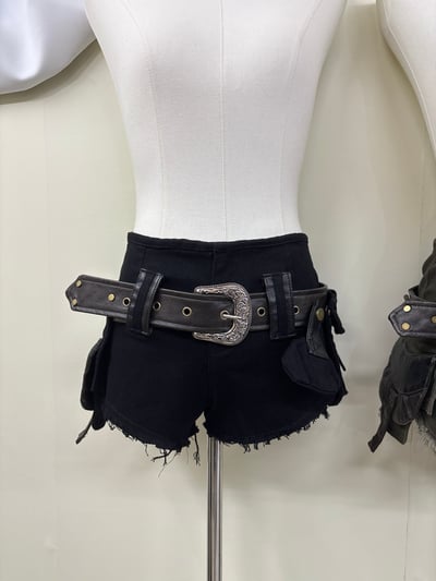 美式y2k低腰工裝皮帶薄牛仔短褲9