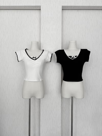 假兩件黑白蕾絲邊短袖腰身棉質上衣2