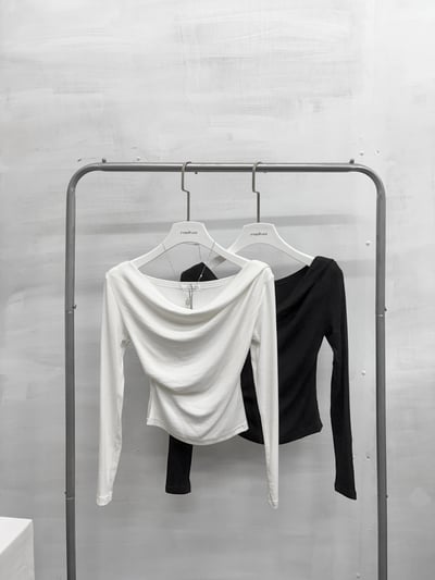 超顯瘦.ᐟ.ᐟ 一字領軟綿薄長袖上衣5