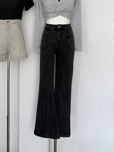 薄款豎刷痕碳灰色方口袋牛仔喇叭褲3