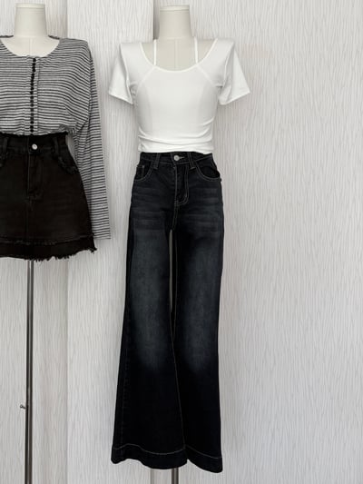 原色藍寬車線牛仔喇叭褲2