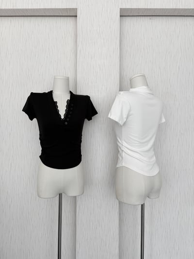 蕾絲排扣腰身下U短袖上衣2