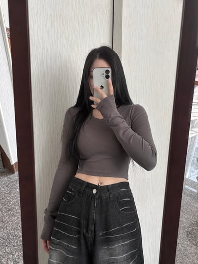 U領直坑紋超彈短版長袖上衣3