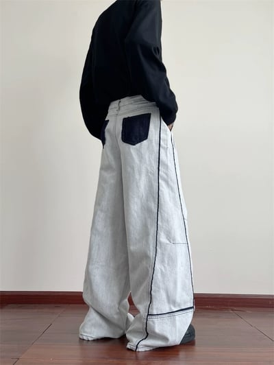 復古街頭拼接牛仔彎刀褲5