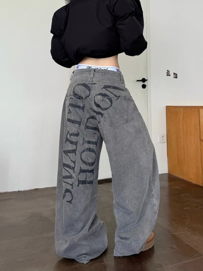 字母做舊煙灰牛仔彎刀褲6
