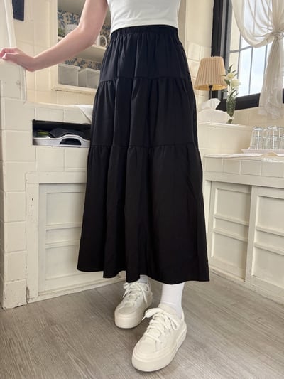 鬆緊薄麻蛋糕長裙1