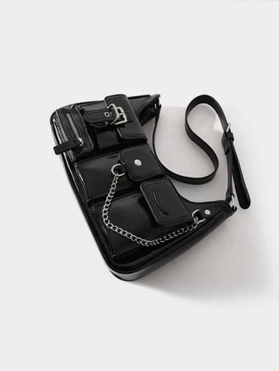 個性多口袋黑色亮皮機車包4