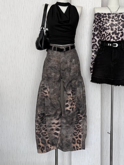 超薄挺款豹紋刺繡字高腰微彎刀褲1