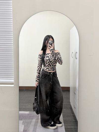 一字領豹紋雪紡上衣4