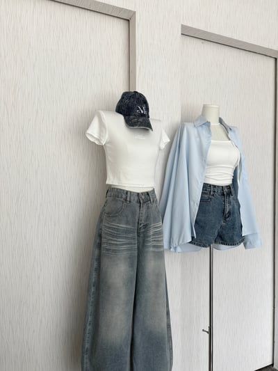 日系古著風刷白刺繡截線淺藍牛仔微彎刀褲2