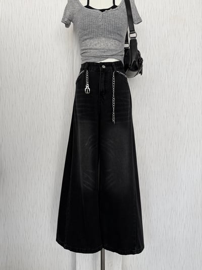 闆娘最愛款♡抓痕感A字黑色牛仔寬褲1