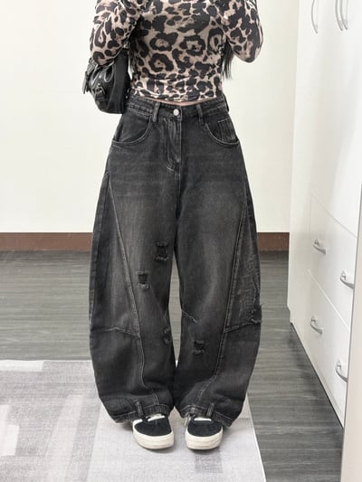 [小個友好] 美式陰影刷破水洗黑牛仔彎刀褲4