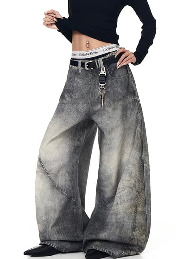 廢土風豹紋水洗煙灰色牛仔彎刀褲1