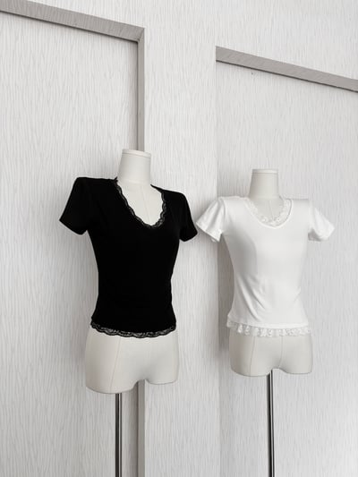 訂製款⊹V領蕾絲花邊素面腰身棉質上衣2