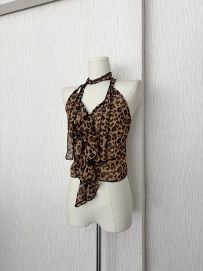 豹紋掛脖綁帶薄雪紡背心(附脖圍)1