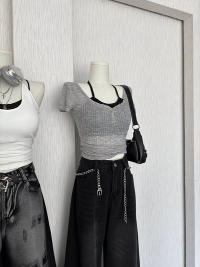 銀釦簍空直紋感透膚短袖軟薄貼身上衣7